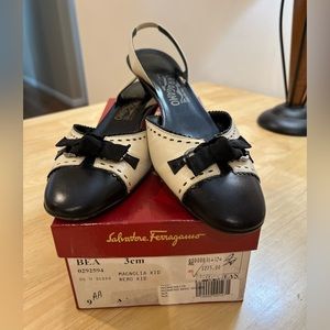 Salvatore Ferragamo black and cream kitten heel sling back sandals